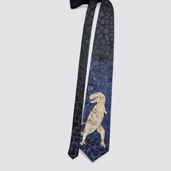 Vintage Y2K T-Rex Dinosaur Blue 100% Silk Necktie Tie Teacher Casual Science EUC - Picture 2 of 4